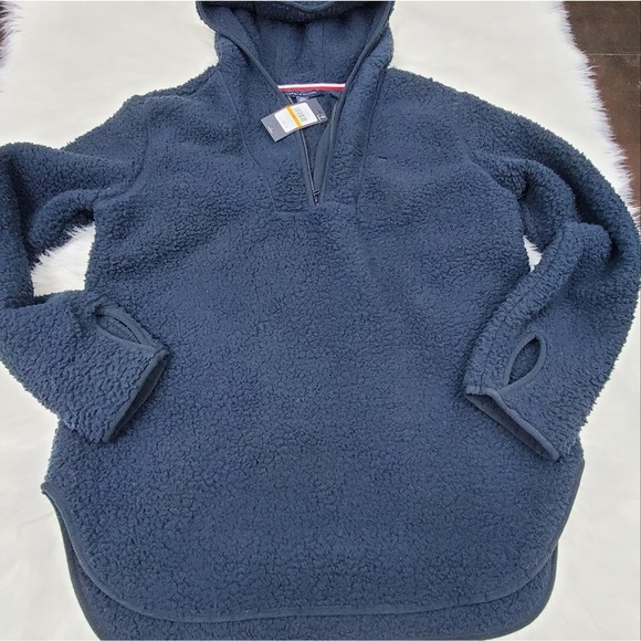 NWT Tommy Hilfiger Small Navy Faux Fur Sherpa Long Sleeve Hoodie - Picture 3 of 9
